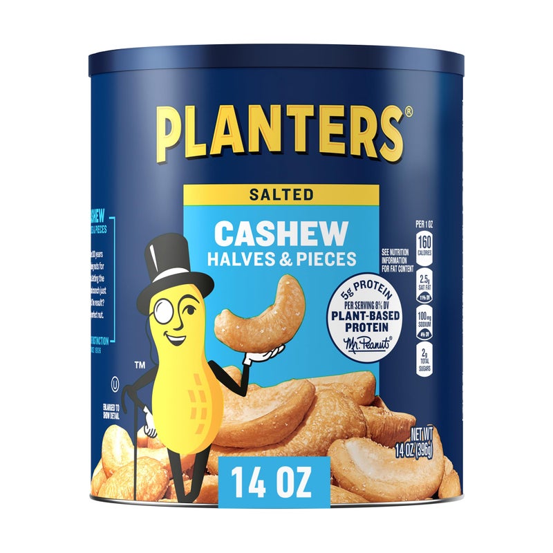 PLANTERS Salted Cashew Halves & Pieces, Party Snacks, Plant-Based Protein, 14 Oz Canister - Image 1